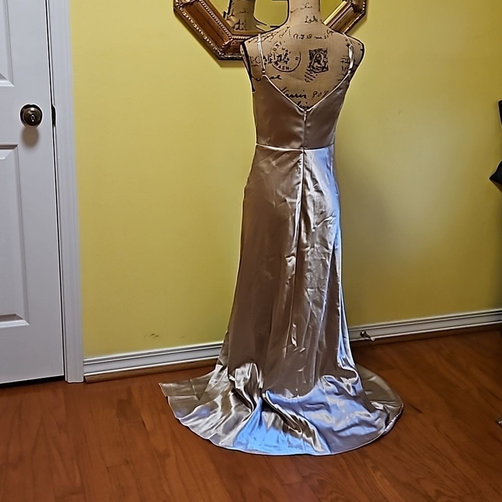 Birdy Grey Gold Satin Sleeveless Maxi Gown Slit Small - Picture 9 of 14